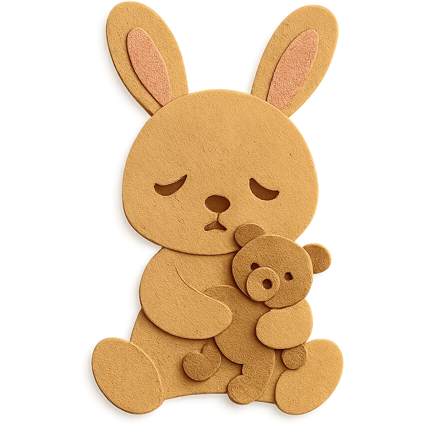 flawless, highly detailed, high quality paper craft style illustration of a caramel-colored bunny holding a teddy bear, eyes drooping, perfect proportions, no imperfections, intricate textures, soft lighting, delicate cut-paper details emoji