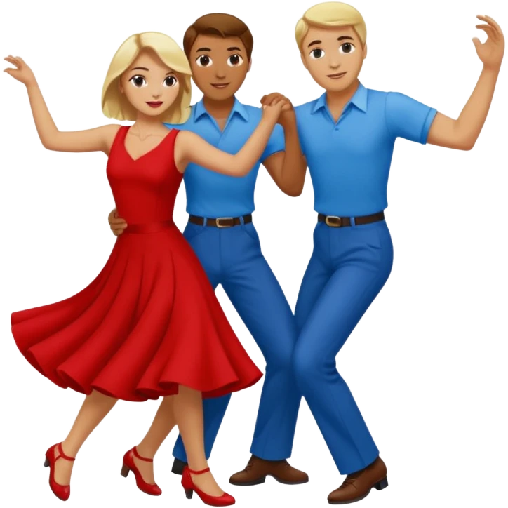 Two people. Man wearing all  RED with brown hair. Women  ALL blue with blond hair. Swing Dancing.  emoji