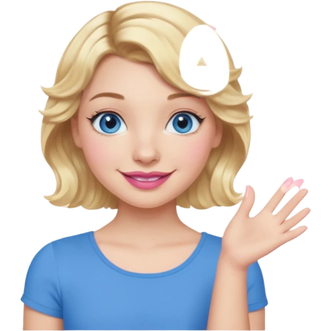 Girl Blonde short wavy hair,  blue eyes, cute blue top, long lashes, pink lips, smiling, one hand 🤷🏼‍♀️  emoji