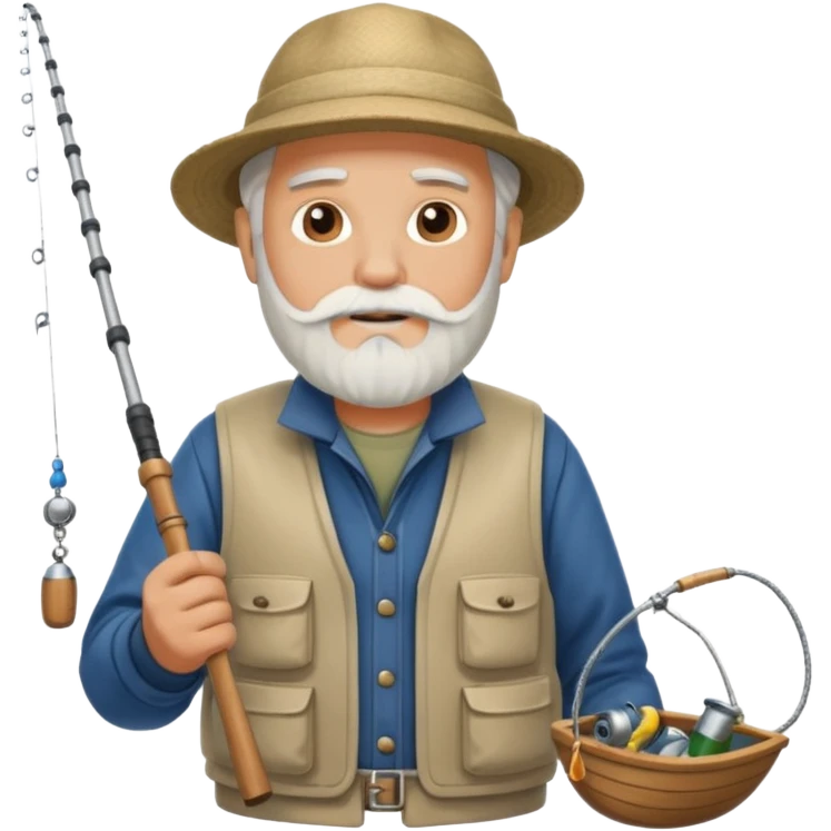 an old white haired, bearded man in fisherman attire, stood in a boat at sea, holding a fishing rod and catching fish with it. emoji