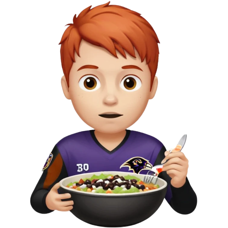 a red-haired boy wearing a ravens jersey and eating a chipotle burrito bowl emoji