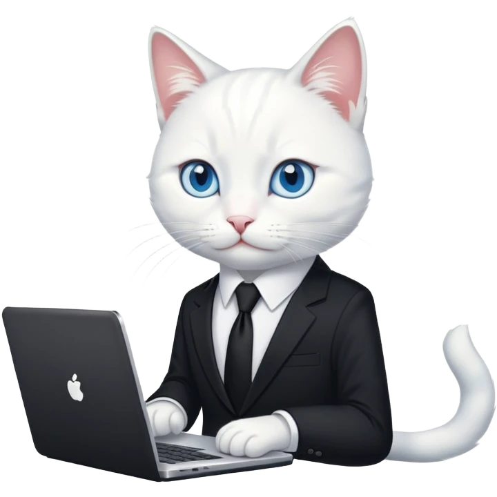 white cat with blue eyes in a black suit with black tie and laptop emoji