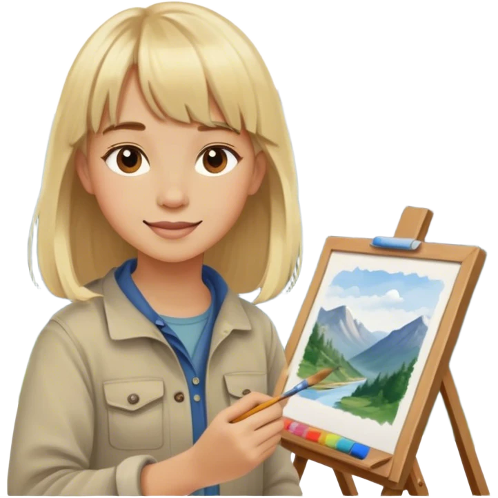 happy young painter with blond hair and bangs draws copy from life in the mountains emoji