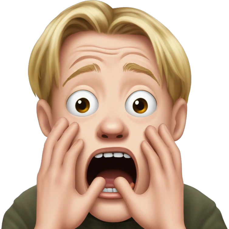 macaulay culkin from Home Alone, putting both hands on his face and screaming of fear. bring the hands down lik he is putting on his cheeks. emoji