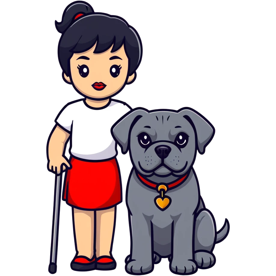 Fashionable girl with black hair and red lips with a Cane Corso dog emoji