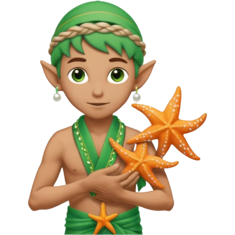 elf male Sarong with bioluminescent embroidery, armful of starfish, hair in a braid with pearl pins. emoji