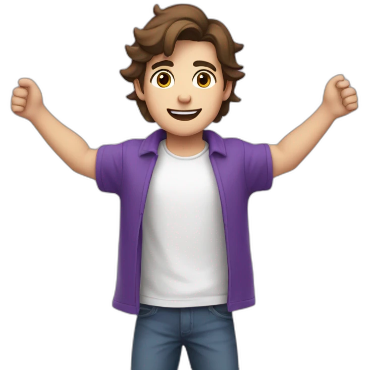 young french man, arms up, brown hair, purple t-shirt, white skin, head large emoji