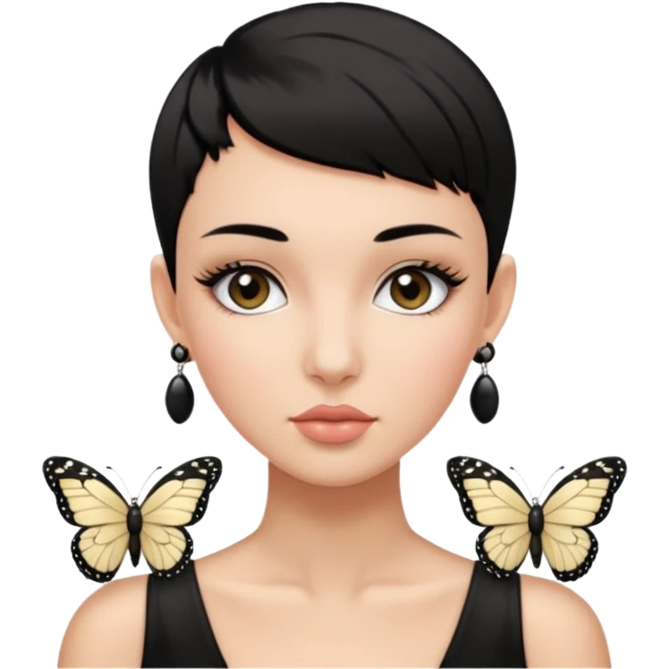 Lady with black buzz cut hair and lashes wearing 4 black earrings holding white butterfly emoji