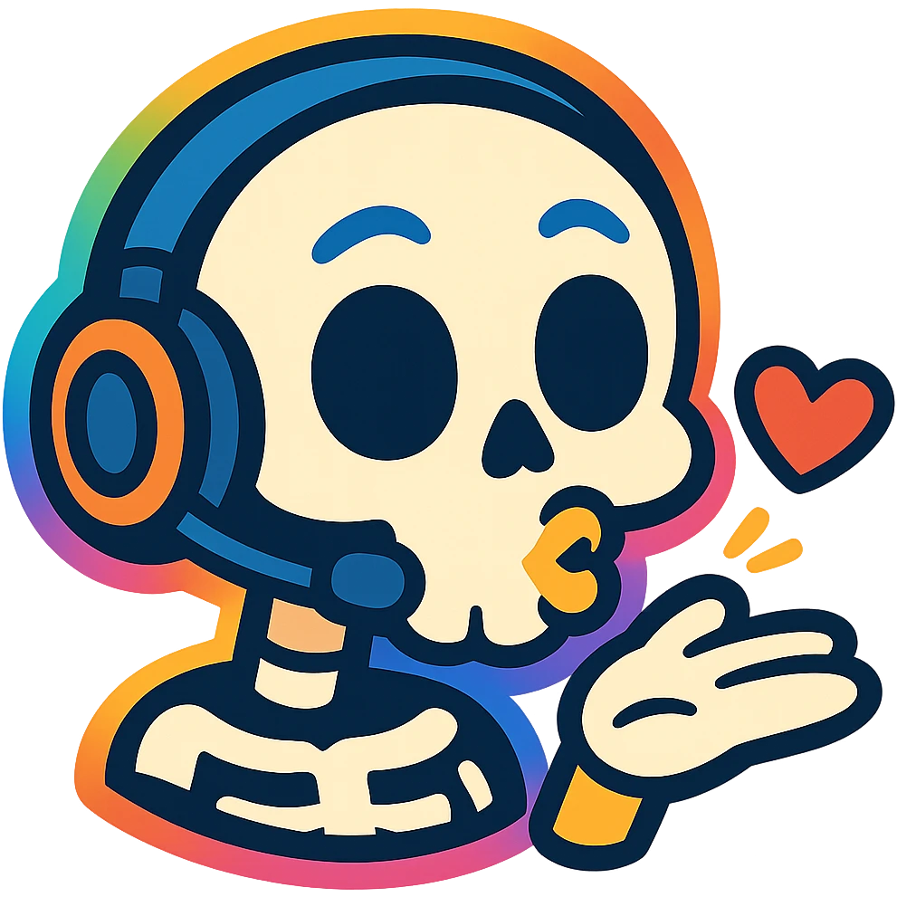 a cartoon skull blowing a kiss, with a rainbow aura and headset, vibrant toon style, for a fun gaming group emoji