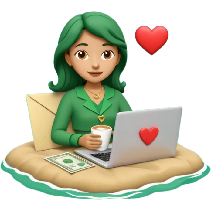 3D clay character relaxed with laptop and coffee, floating icons (envelope, heart, dollar), deep green (#0B3D2C) outfit, gold icons, cream laptop, Pixar style, transparent background emoji