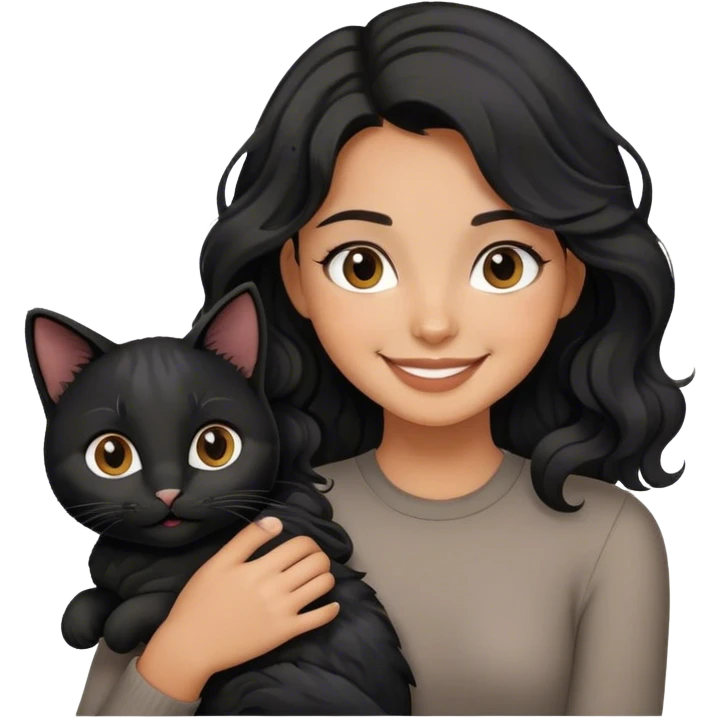 tan girl with black wavy hair holding a black cat happy emoji