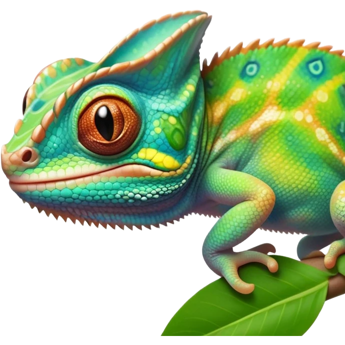 cinematic cute-smiling baby chameleon-realistic emoji,-blending-with-vibrant-greenery.-detailed-scales-in-shifting-colors,-showing-the-chameleon’s-ability-to-camouflage.-soft-natural-light-highlights-its-texture.-light-background, zoomed into its face emoji