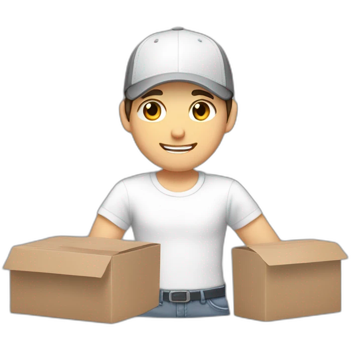 Pale skinned fit Man with dark brown hair in a white cap, gray jeans and gray polo T-shirt keeping a pasted with tape box into his hands emoji