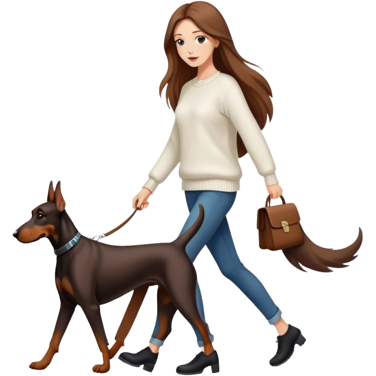 A beautiful long-haired white woman wearing a white sweater walking a Doberman emoji