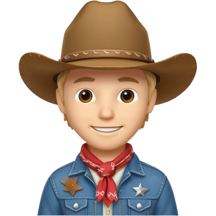 cute cowboy portrait, head and shoulders only, cowboy hat, bandana, western jacket collar, confident smile, 3D cartoon, mobile game icon style, clean background, no text, no watermark
 emoji