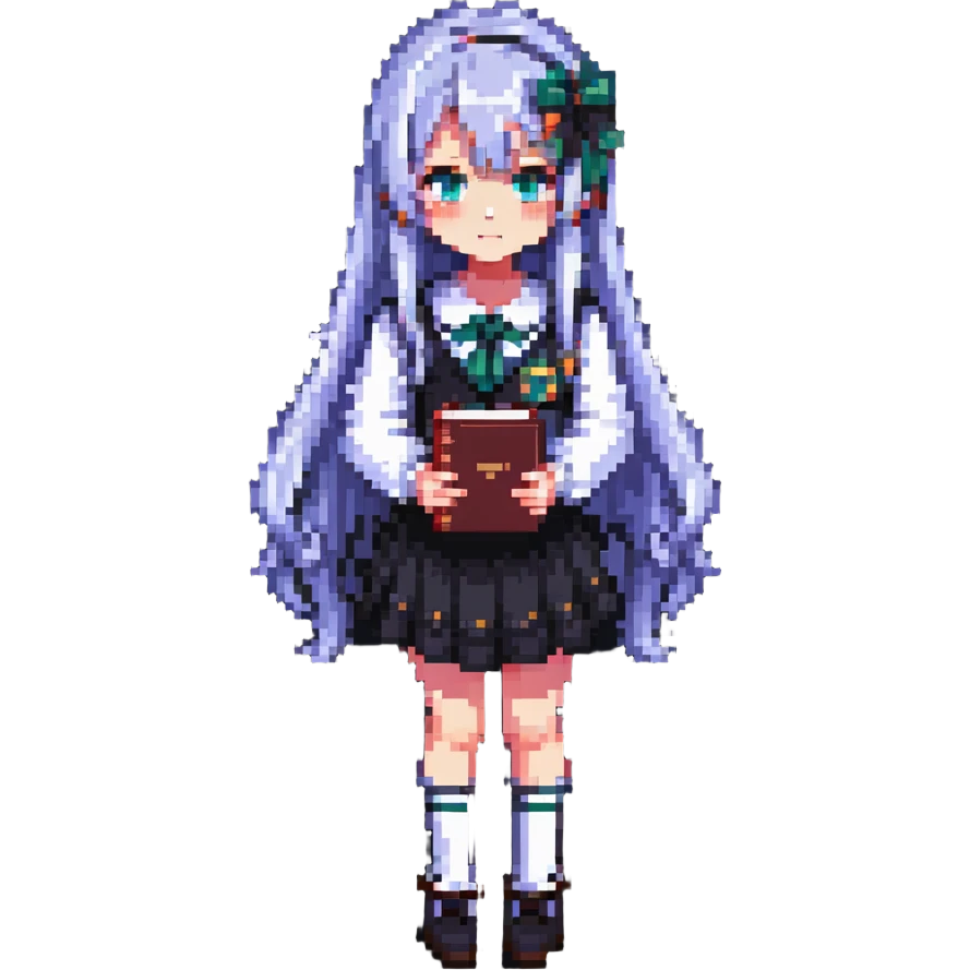 Japanese anime schoolgirl with long hair holding a book in pixel art style emoji