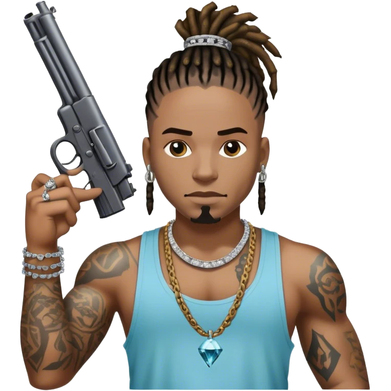 african-american race pig with dreads looking gangster with gun and tank top, with diamond blinging chain, with tattoos emoji