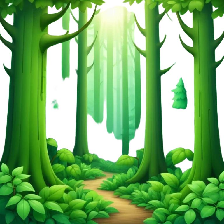 A vibrant, cartoon-style emoji of a dense green forest with tall trees, soft sunlight filtering through leaves, and a misty atmosphere, in shades of emerald and moss green. emoji
