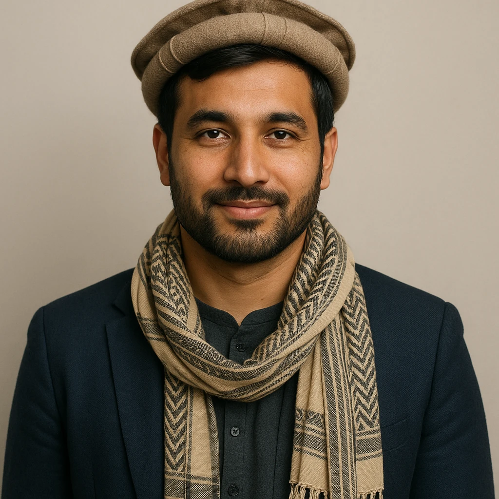 Pashtun man in modern clothing with a traditional scarf, short beard, friendly expression, neutral background emoji