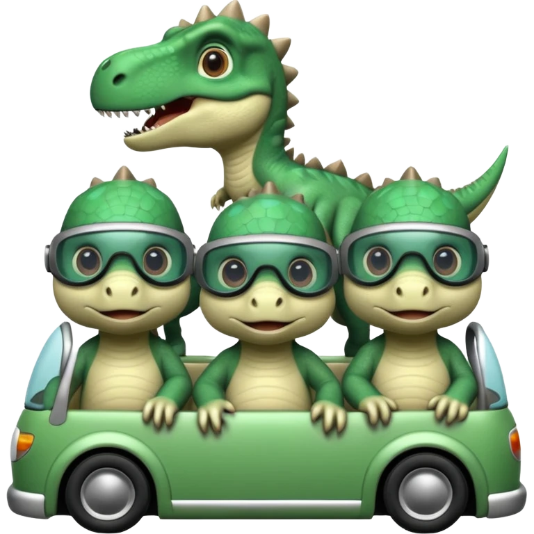 Tres dinosaurios bebés grises cada uno subido en un carro tecnológico blanco con lentes de realidad virtual emoji