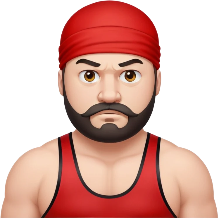 Close-up of extremely fat white skin guy with young face, beard and mustache, no muscle with prominent black durag, black eyes in a red and black wrestling singlet with angry face emoji