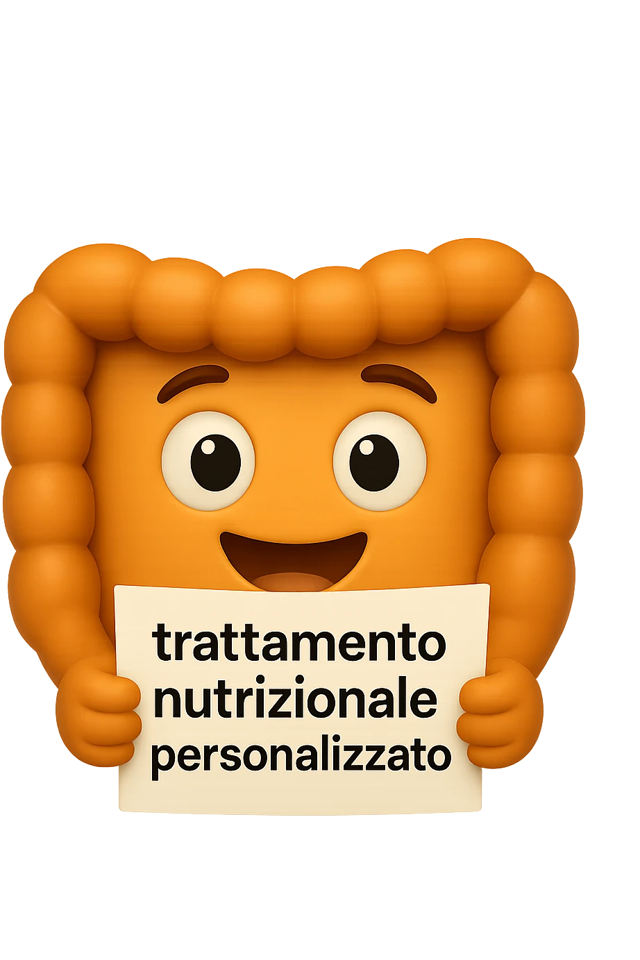 emoji stile iphone di un intestino felice che legge un foglio con la scritta "trattamento nutrizionale personalizzato", non fargli il naso, iperrealistico 4k emoji