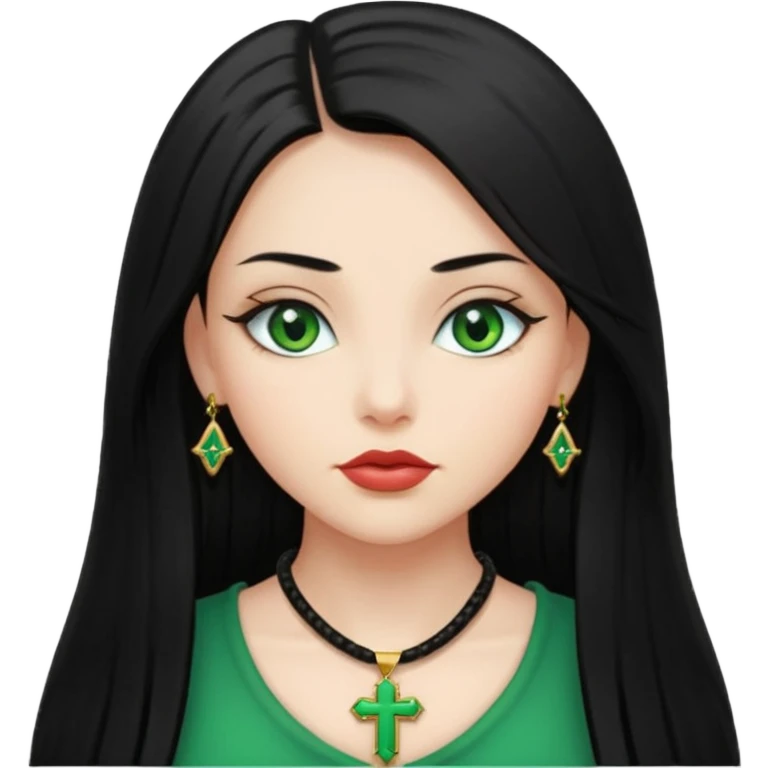 Girl, long black straight hair, green eyes, plump lips, cross necklace  emoji