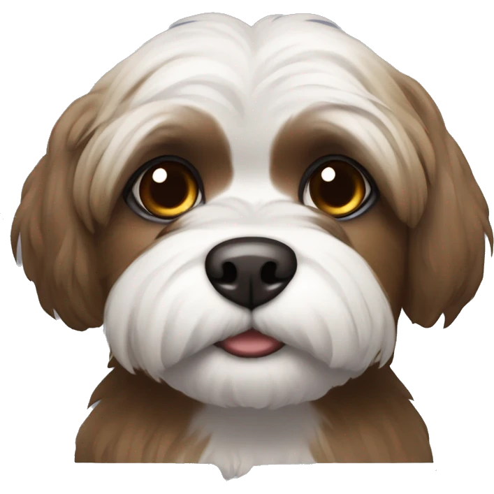 Shitzu with brown fur around mouth and grey around eyes with dark brown eyes emoji