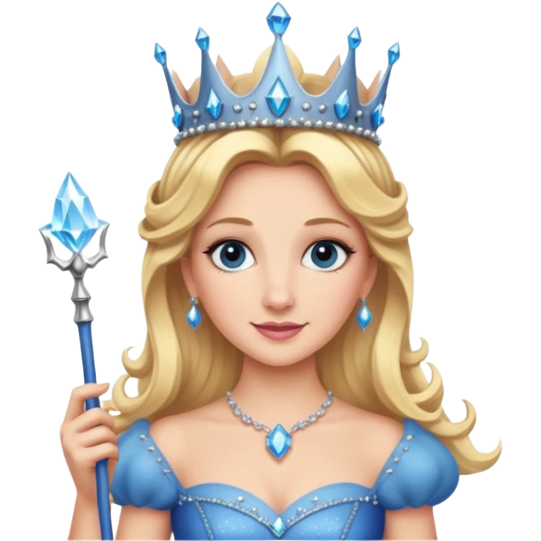 Glinda from Wicked, cheerful, blonde hair, sparkly crown, blue gown, holding a wand emoji