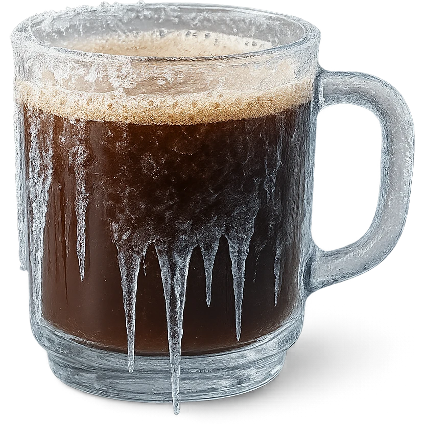 transparent cup of coffee with icicles and a frozen look emoji