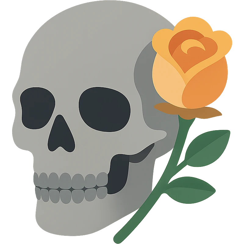 A dark, light grey skull with sharp, angular features and a mysterious, haunting aura, featuring a rose delicately placed in one of its hollow eye sockets. The skull is in shades of grey, accented with soft tones of golden orange (FA9B41), forest green (4A7C5C), muted taupe brown (96775A), and pastel peach (FFCC9A). The rose, vibrant in its peach and orange hues, contrasts with the cold, eerie grey of the skull, its petals unfurling gently around the eye socket. The background is dim and shadowy, with a faint, mystical glow illuminating the skull and rose, adding to the gothic and slightly surreal atmosphere. The scene feels both haunting and beautiful, with a touch of elegance. emoji