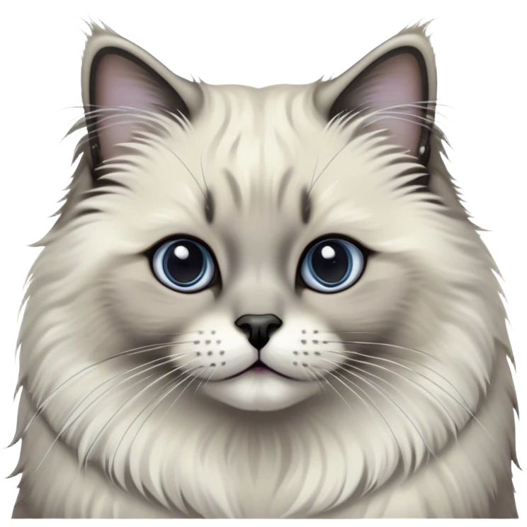 Cinematic Adorable Fluffy Grey Seal Ragdoll Cat Portrait Emoji, Head tilted gracefully with large, sparkling eyes, soft grey fur with darker seal points on the ears, face, and paws, Simplified yet majestic features, highly detailed, glowing with a soft, warm glow, high shine, calm and affectionate, stylized with a touch of elegance, bright and endearing, soft glowing outline, capturing the essence of a regal and loving kitty, so serene it feels like it could glide across the screen with its dignified presence! emoji