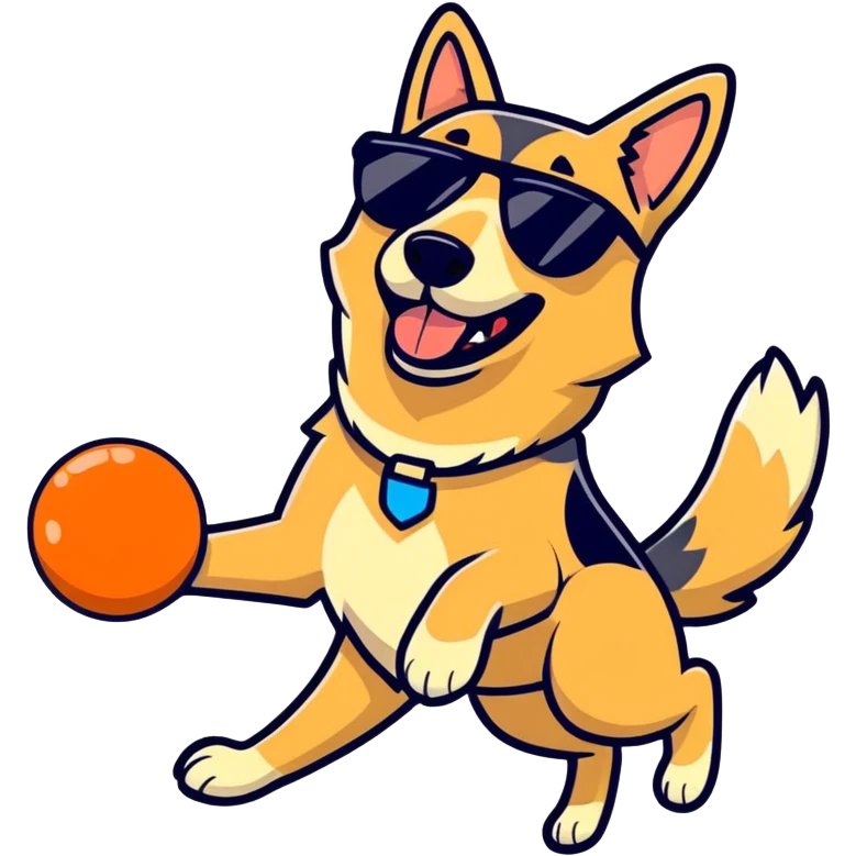 illustration style, German shepherd wearing sunglasses, playing frisbee emoji