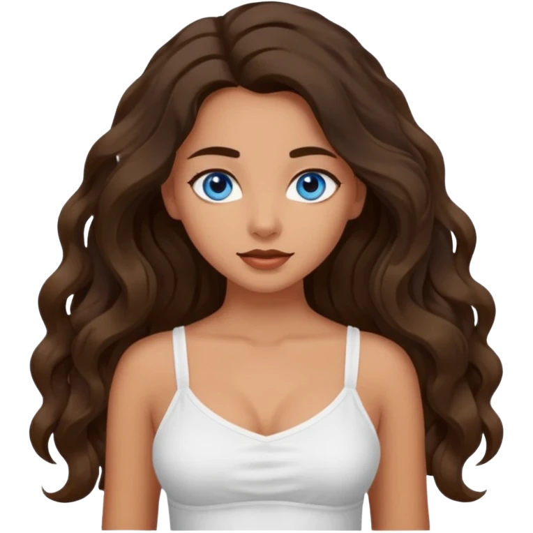 Girl with olive skin, blue eyes, brown dark insanely wavy long hair, white camisole, this pose 💁‍♀️ emoji