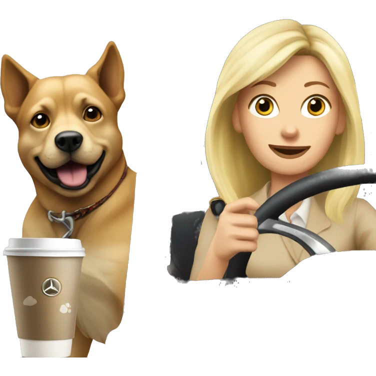 Dog and blonde woman driving  Mercedes drinking coffee emoji