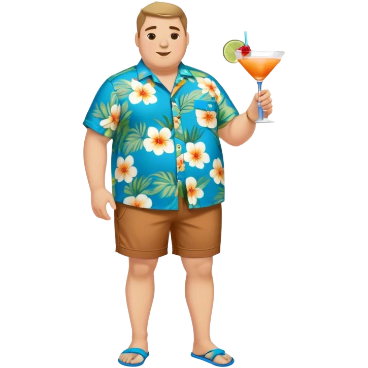chubby guy full figure in a flowered azure havai shirt, brown shorts and flippers holding a cocktail emoji