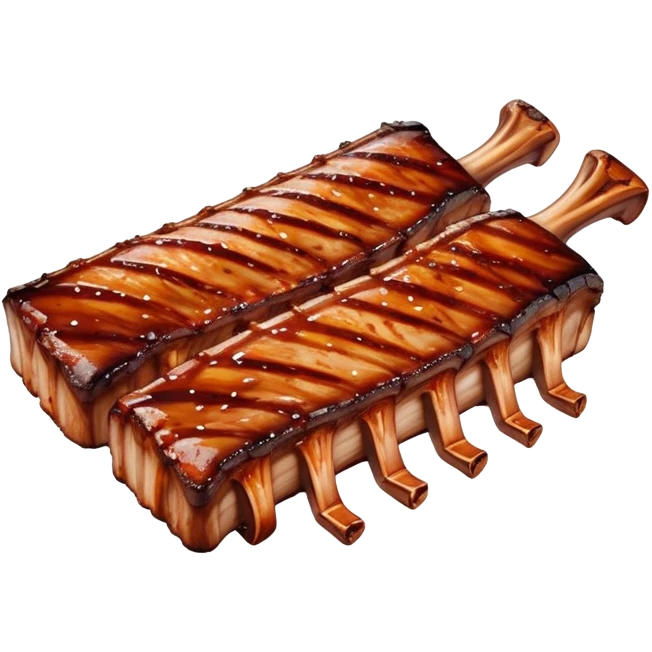 Cinematic juicy grilled ribs, glistening with smoky barbecue sauce, charred edges, tender meat falling off the bone, sizzling on a hot grill, mouthwatering and rich, warm and inviting, ultra-realistic and delicious. emoji