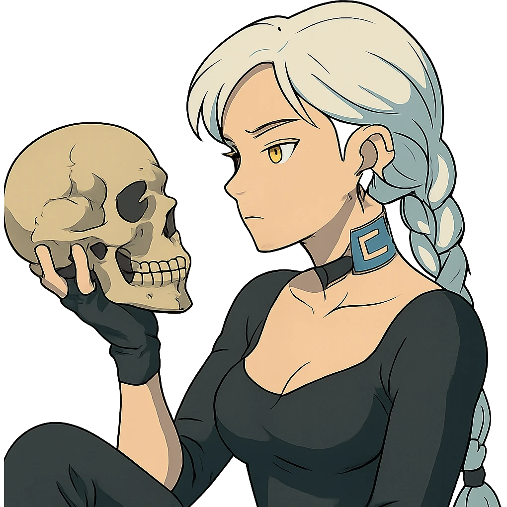 she is holding a skull, pondering as in shakespeare, a closeup portrait of young woman with gold yellow eyes, white hair, long braid, black off-shoulder top d-cup, punk gothic style, futuristic cyberwave cyberpunk, sitting position emoji