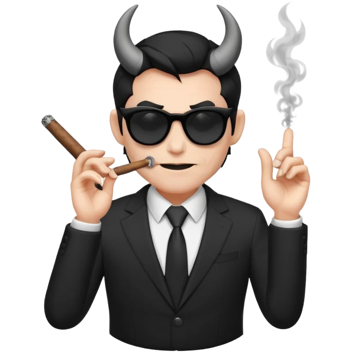 Minimalist emoji-style sticker of a devilish producer in black suit, tiny horns, dark sunglasses, and a smoking cigar, grayscale tones, matte style emoji