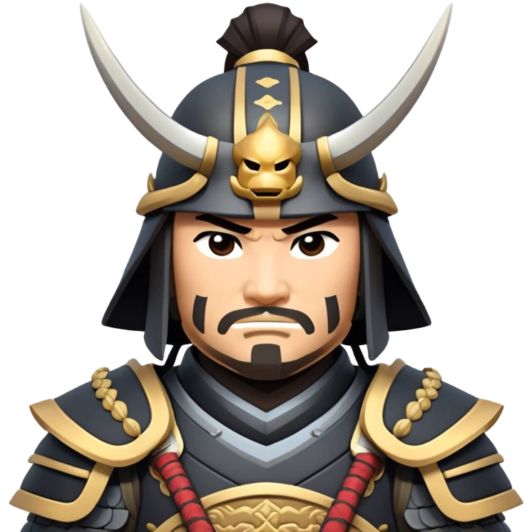 clash-of-clans-aesthetic_-cinematic-fearsome-and-majestic-samurai-bust-portrait-emoji, rendered in a flat, vector-style with minimal shading and bold, simplified shapes typical of emoji art, depicting a battle-hardened samurai with steely eyes and traditional black Japanese armor, riding a noble grey warhorse adorned with an intricately designed saddle and fluttering banners, against a backdrop of cherry blossoms and a rising sun. emoji