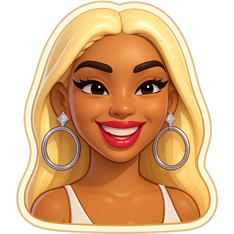 Make her smile, keep the emoji-style head of a young Dominican woman inspired by Yailin La Más Viral, light brown skin, long straight platinum blonde hair, arched eyebrows, long lashes, glossy lips, stylish makeup, confident diva-like expression, bold hoop earrings, modern urban vibe, fierce and glamorous, with no background emoji