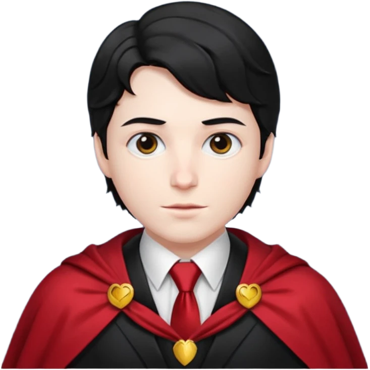 Wavy black hair, red tie, red-and-black cape. Classic vampire look with a formal twist. emoji