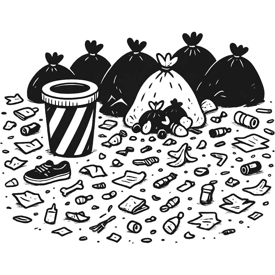 Make the trash on the floor look much messier, with more scattered items, in a hand-drawn doodle style, no background. emoji