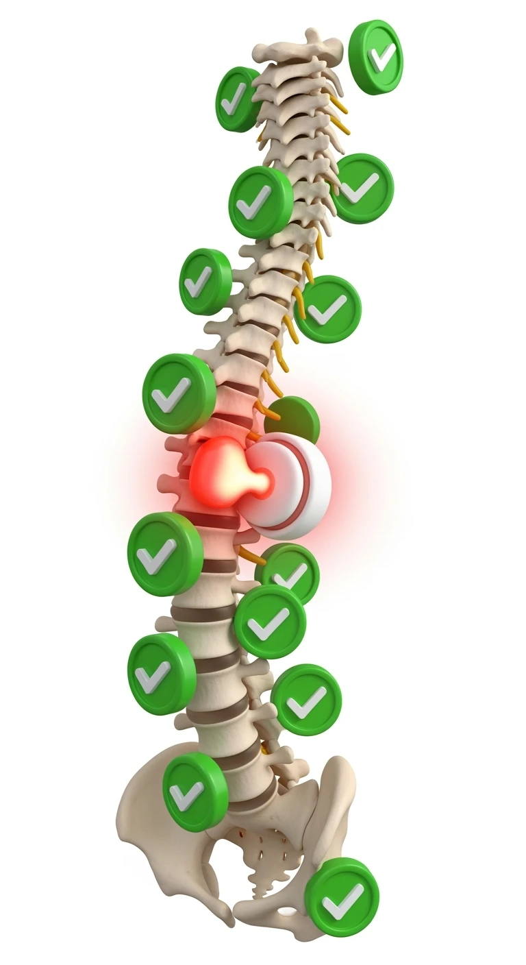 spina dorsale anatomica umana infiammata con ernia, e spunte verdi di verificato in 3d, ISOLATO SU SFONDO BIANCO emoji