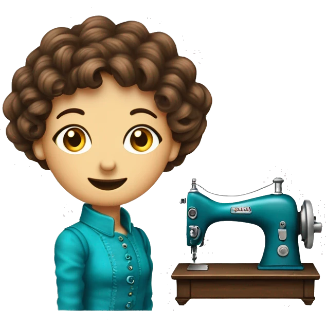 Senhora com cabelo castanho ondulado comprido costureira com máquina de costura antiga azul turquesa  emoji
