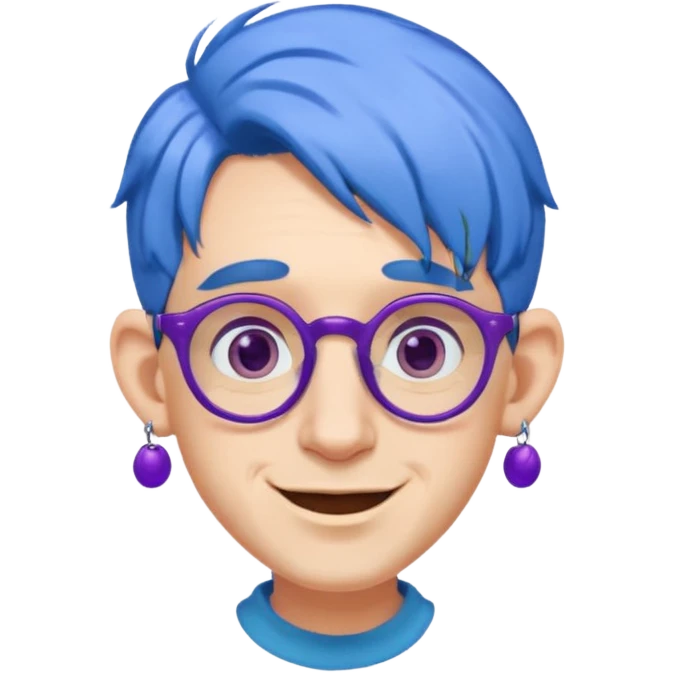 blue haired man mid length hair with big ears and purple earrings and spectaclesi happy emoji