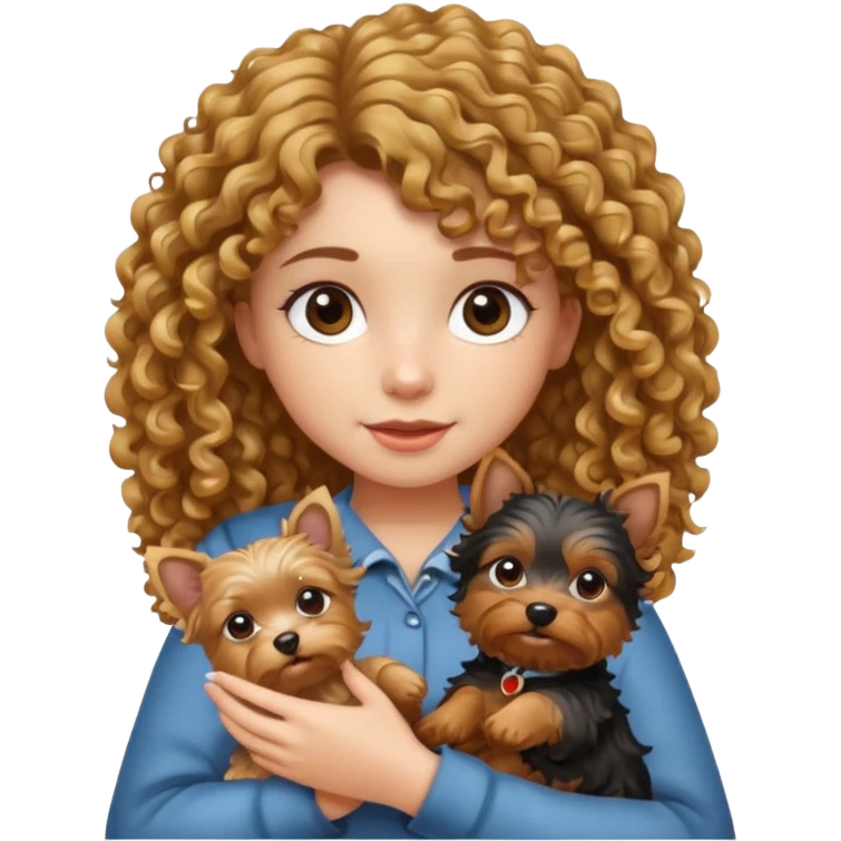 Chica  con pelo rizado con un yorshire en las manos emoji