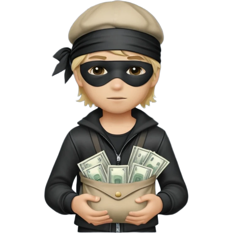 A blonded hair boy, blindfolded, hat and thief's clothes, with a bag of money in his lap. emoji