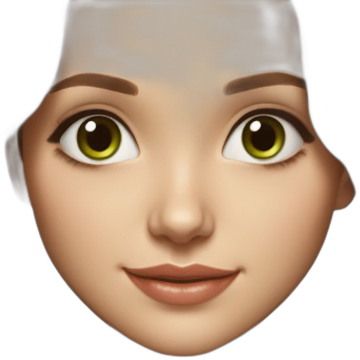 beautiful girl, white, with long loose wavy hair, brown hair, brown green eyes, looks like natalie portman, smiles at the camera, drawing realistic, good detailing emoji