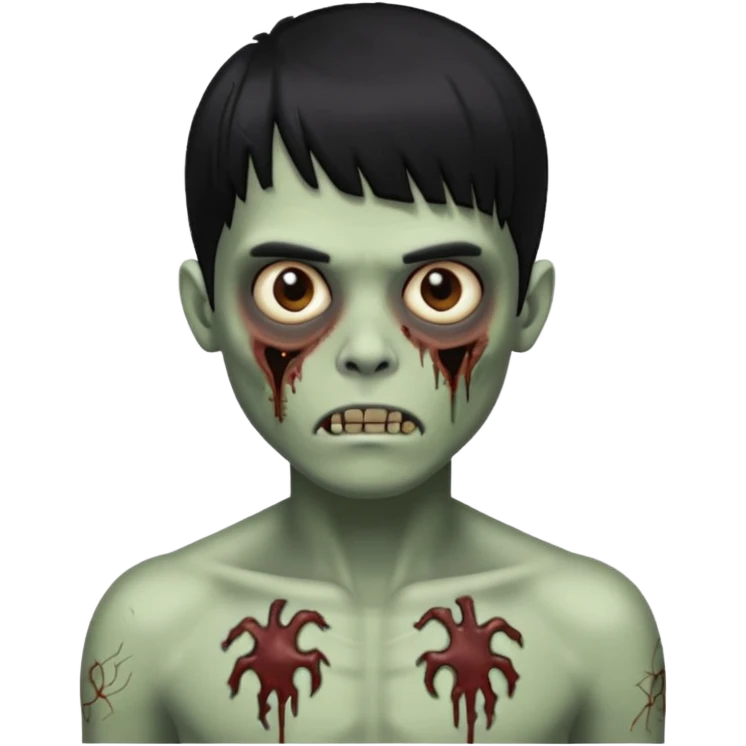 Menino de cabelo liso preto com franja zumbi sem camisa emoji